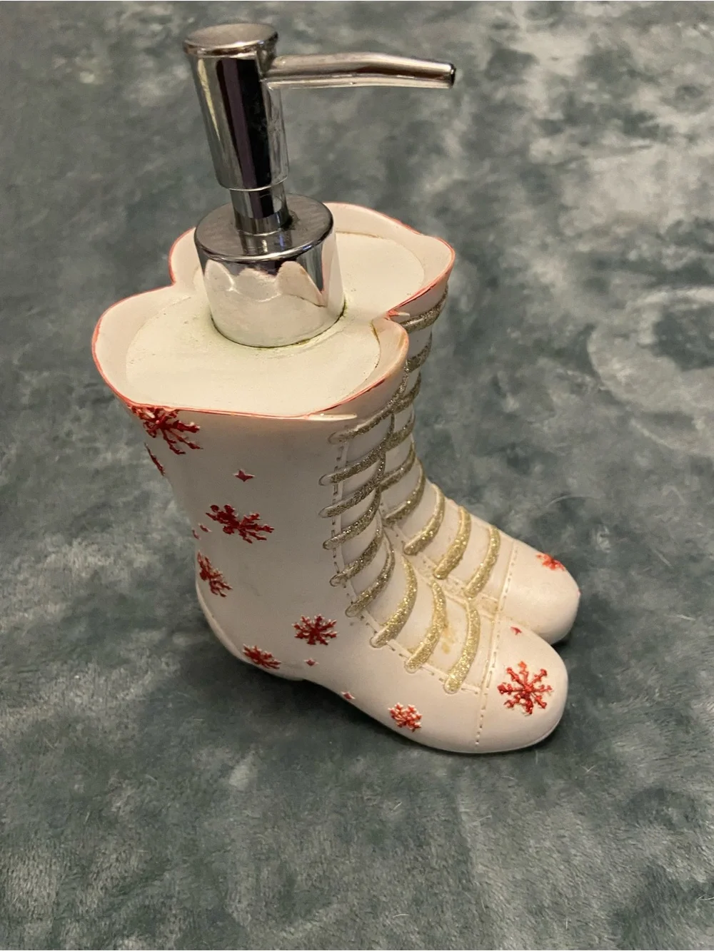 Holiday White Boot Soap Dispenser with Red Snowflake Accents